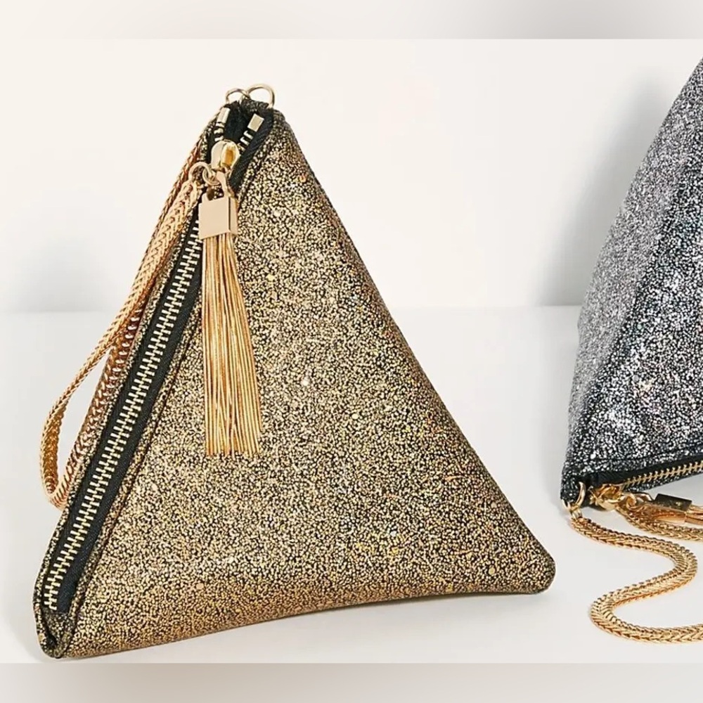 Street Level Triangular Gold Metallic Clutch Bag - image 1
